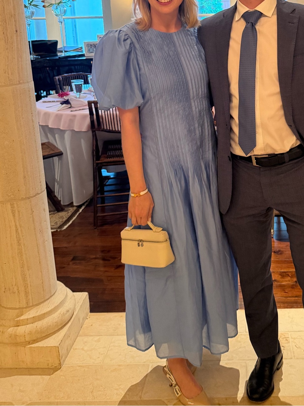 Pale Blue Pintuck Midi Dress with Puff Sleeves - Picture 2 of 2